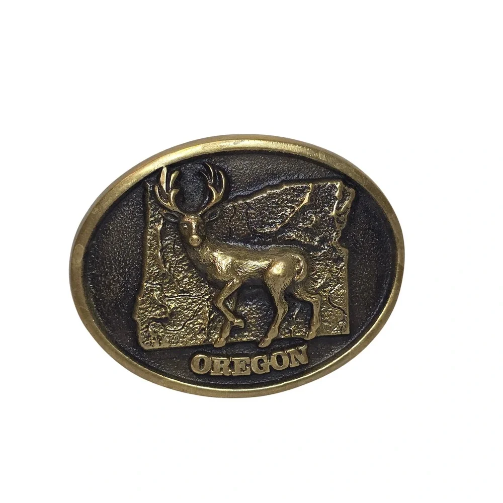Vintage 1978 Oregon State Buck Deer Solid‎ Brass Belt Buckle Bergamot Franklin